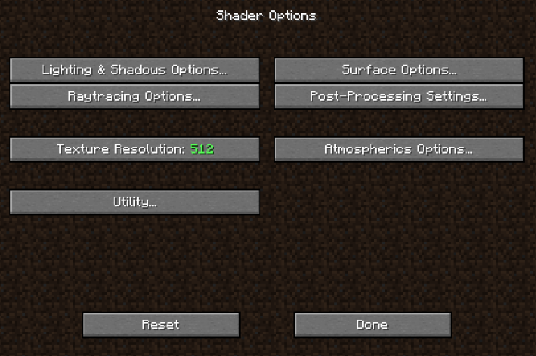 Minecraft shader options menu with various settings