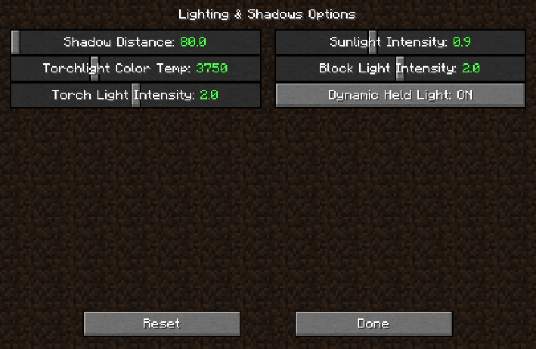 Lighting and Shadows Options GUI