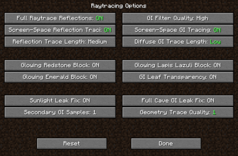 Raytracing Options GUI with various settings