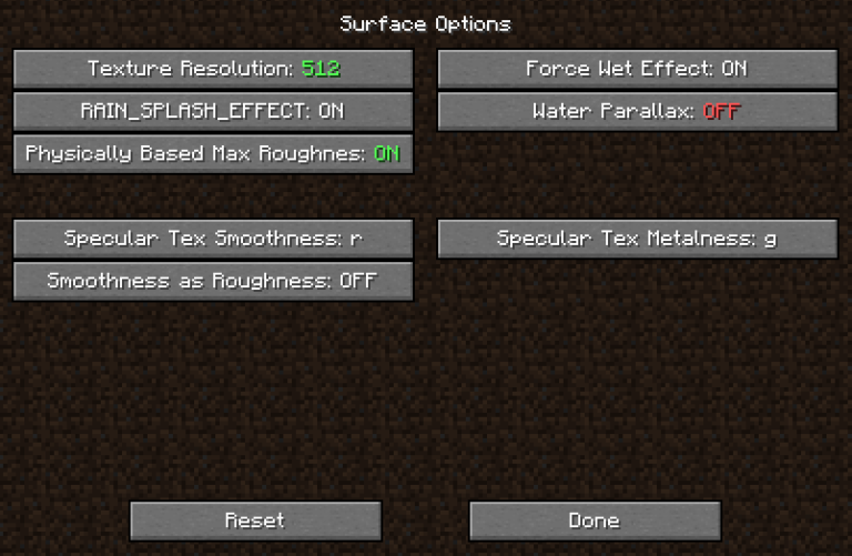 Minecraft Surface Options GUI for texture settings
