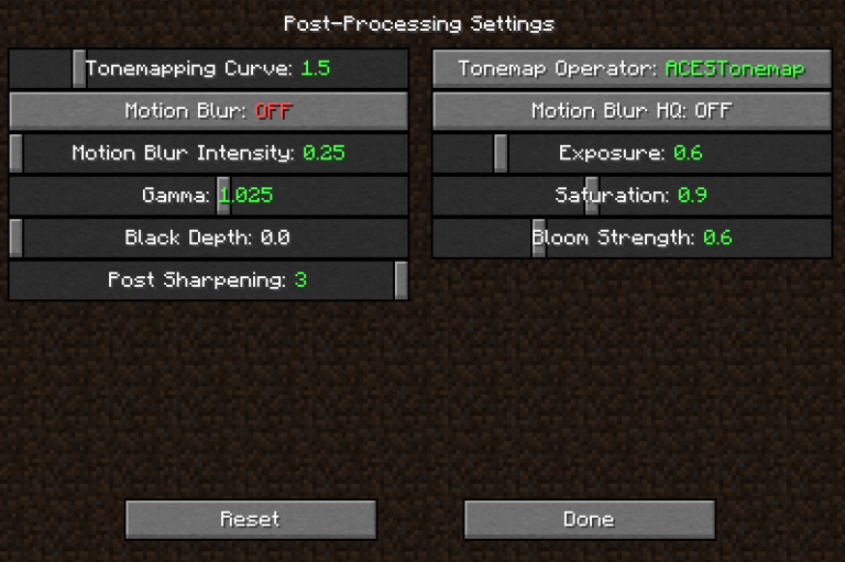Post-Processing Settings GUI for visual adjustments