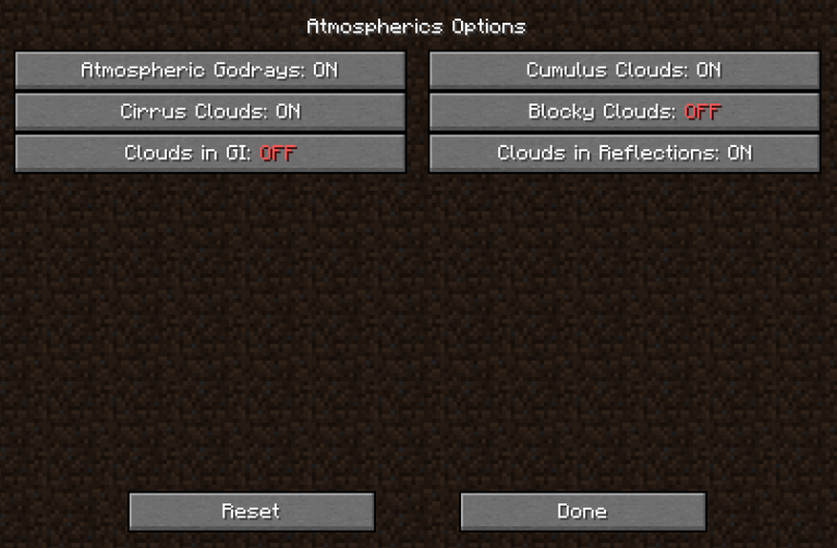 Atmospherics Options menu with various settings