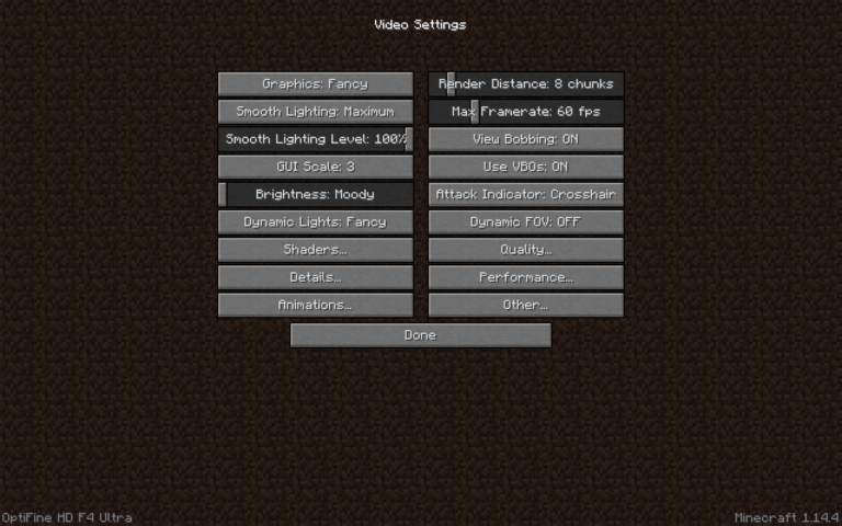 OptiFine video settings menu in Minecraft