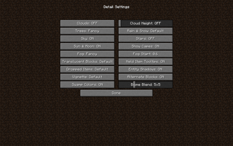 Minecraft Detail Settings GUI with options
