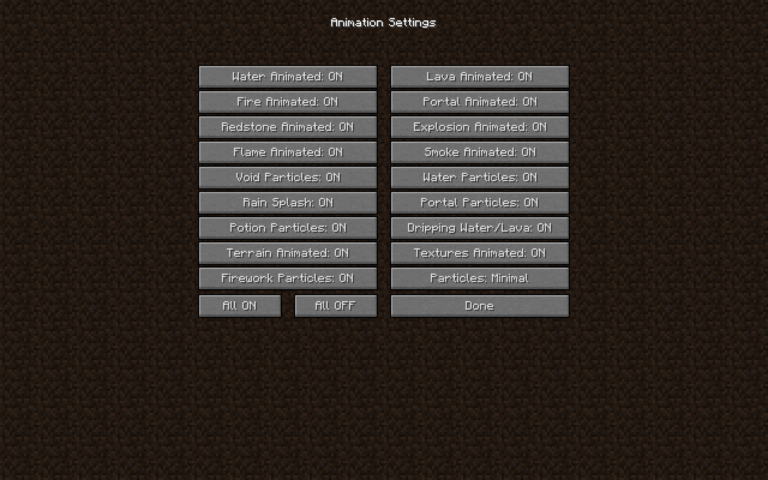 Minecraft animation settings menu with many options