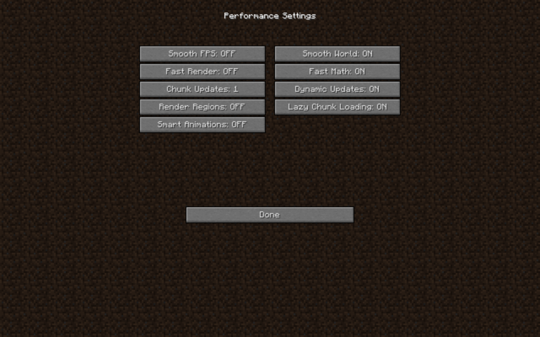 Minecraft Performance Settings GUI with various options