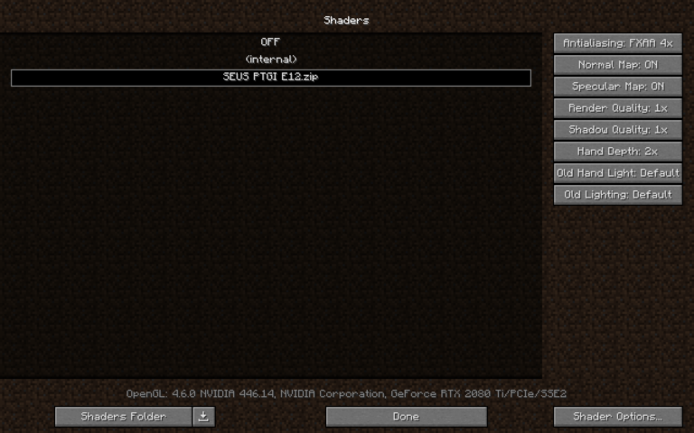 Minecraft Shaders menu with options and shader packs