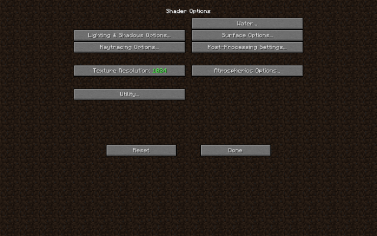 Shader Options menu with various settings
