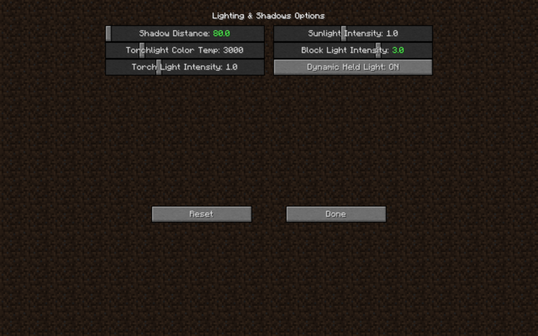 Lighting and Shadows Options GUI