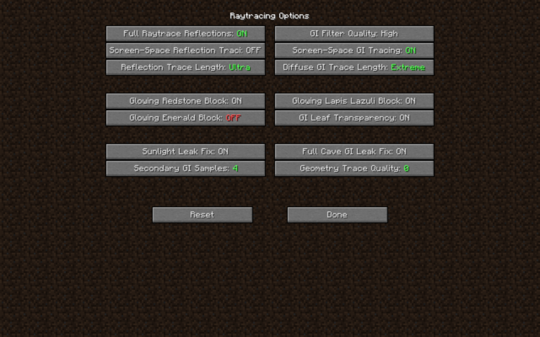 Minecraft Raytracing Options GUI with various settings