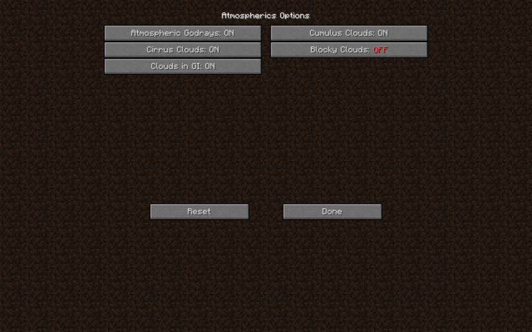 Atmospherics Options GUI with cloud settings