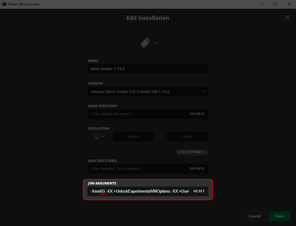 Minecraft Launcher Edit Installation JVM Arguments