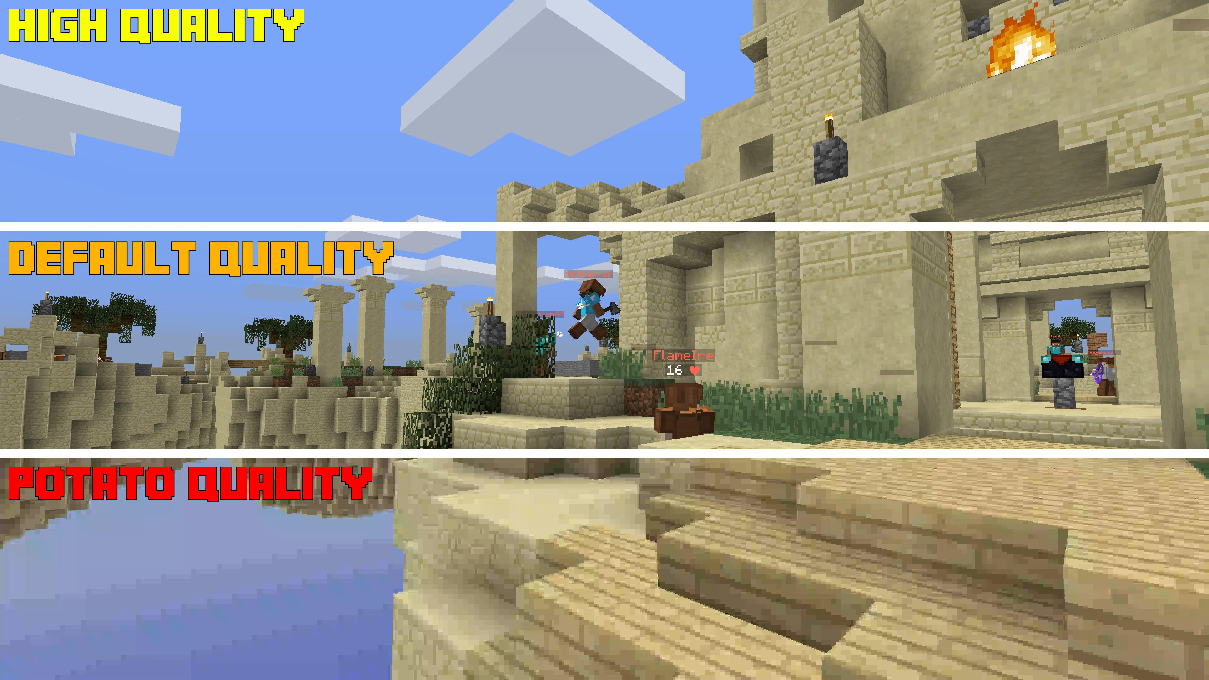 Minecraft quality settings comparison: High, Default, Potato