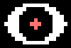 Pixelated eye with red pupil on black background