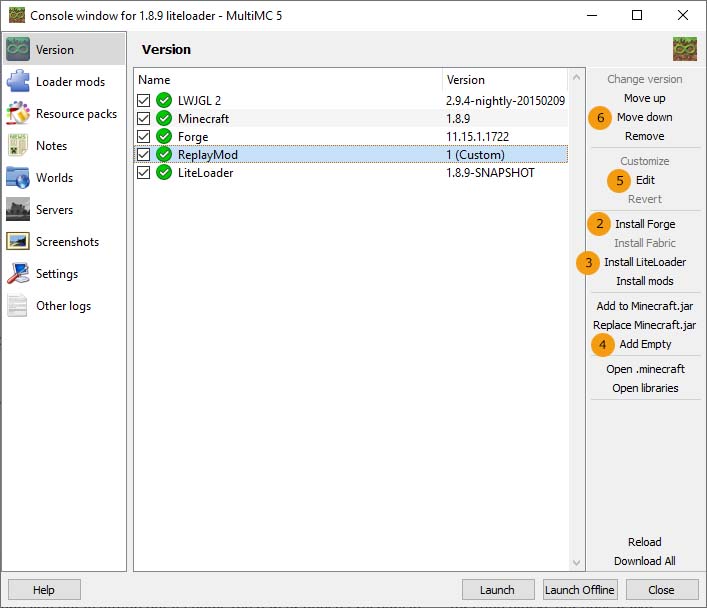 MultiMC 5 console window with ReplayMod