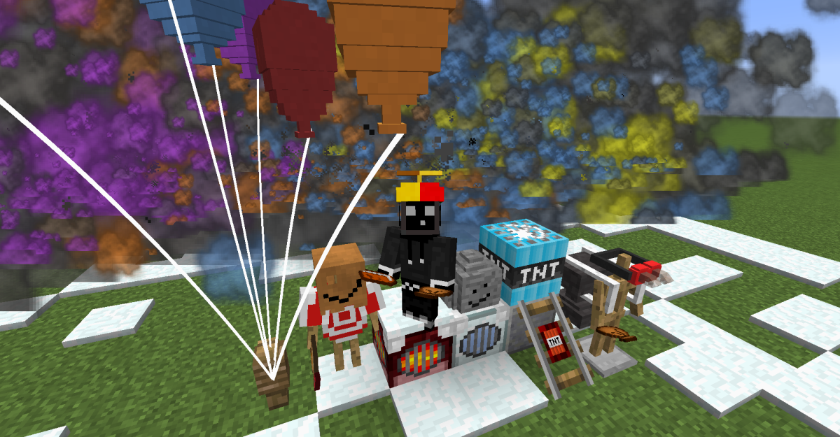 Minecraft characters with balloons and TNT