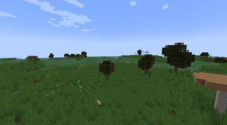 Grassy plains with scattered trees and a mushroom