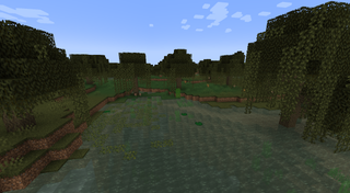 A swamp biome with dark water and trees.