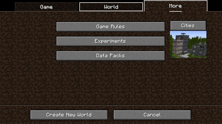 World creation menu with Cities option selected