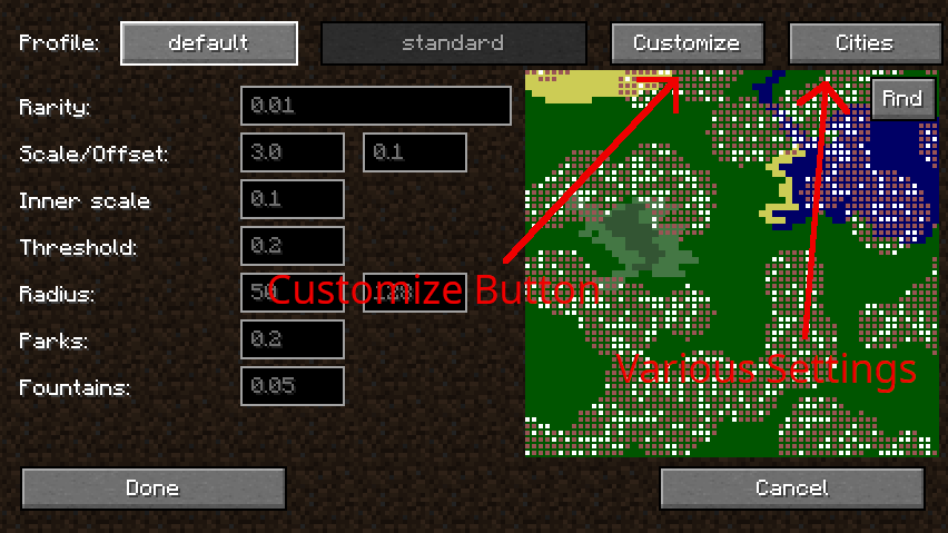 World generation settings for cities and parks