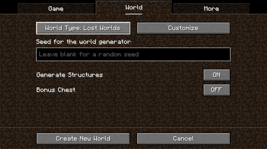 World creation screen with Lost Worlds type