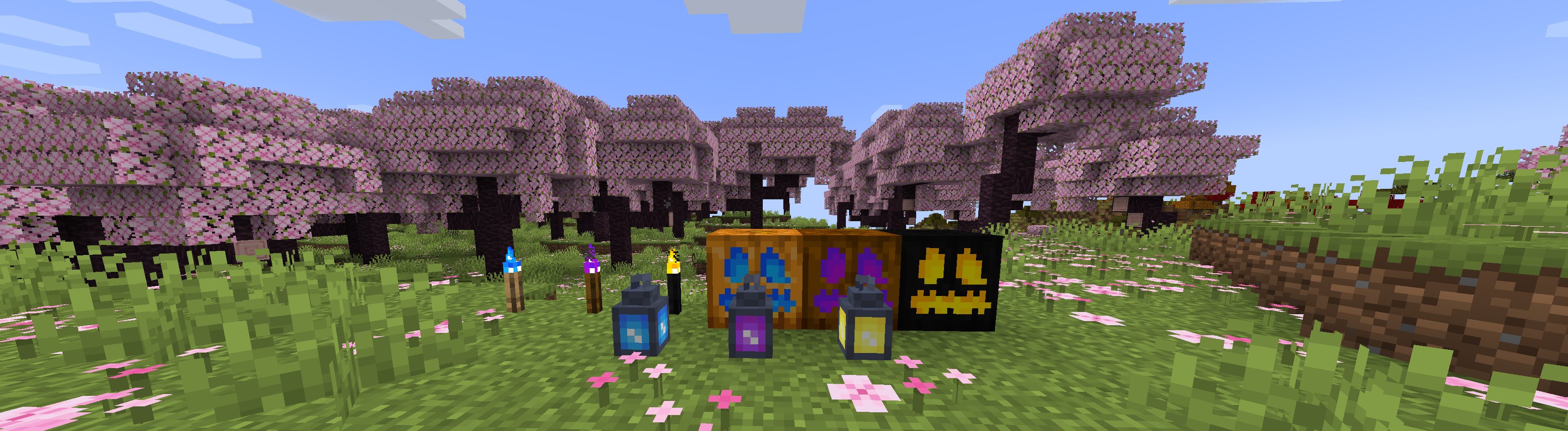 Various lanterns and decorative blocks in a cherry blossom biome