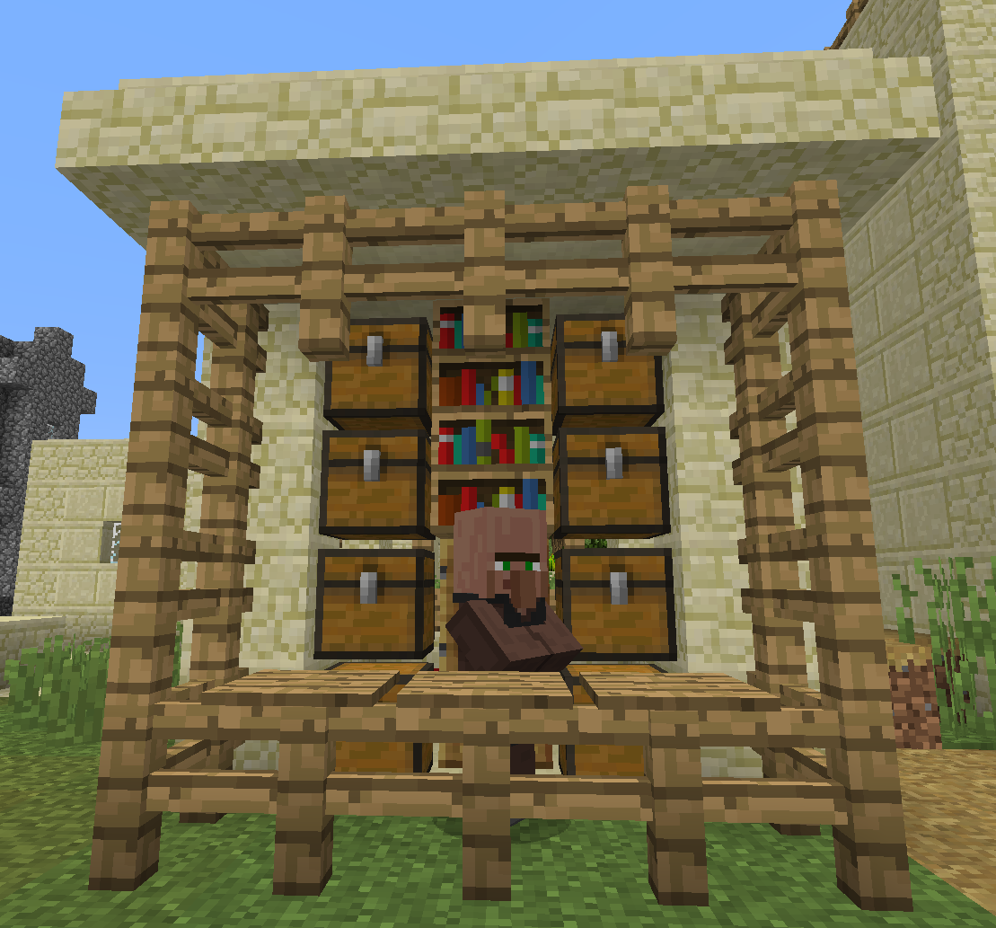 Villager in a wooden structure with chests