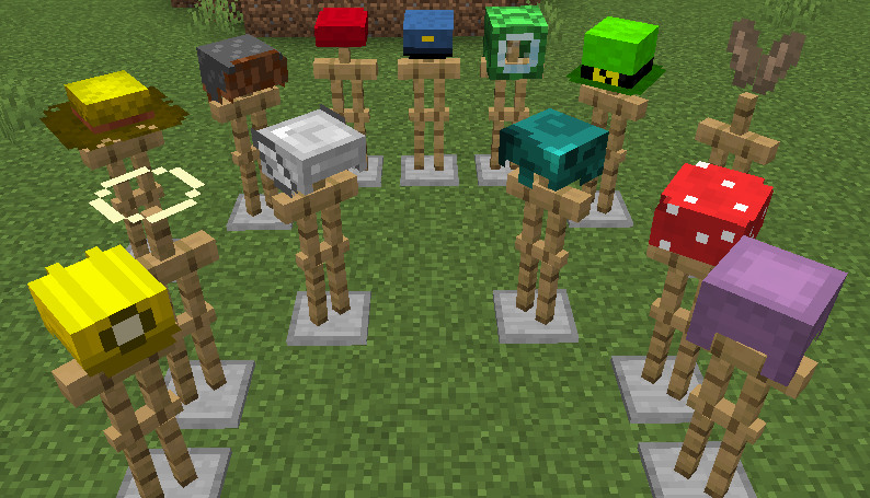 Various hats displayed on armor stands