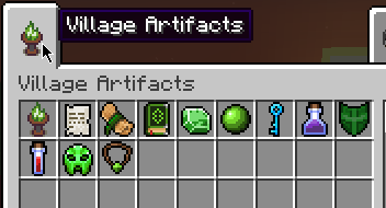 Village Artifacts tab and items in inventory