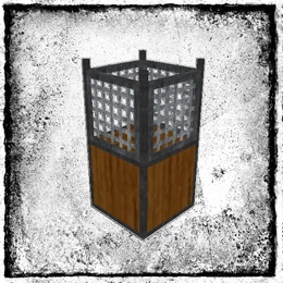 A wooden and metal trash can.